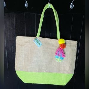 Tan & Green Beach Bag with tassel and Pom poms